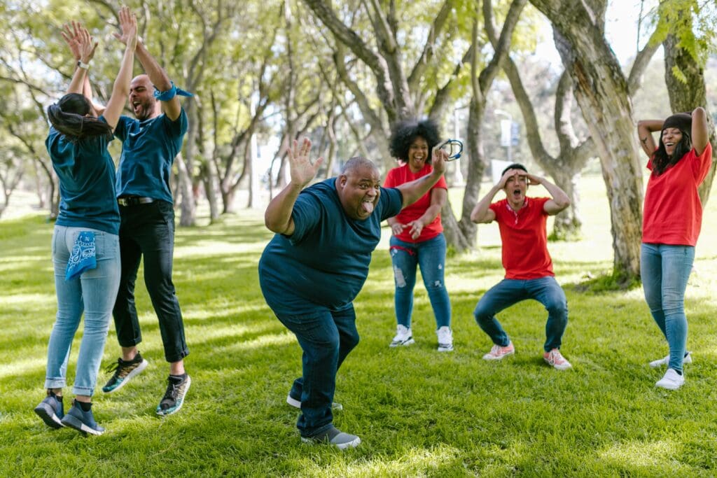 group of professionals enjoying a yard game at their company event